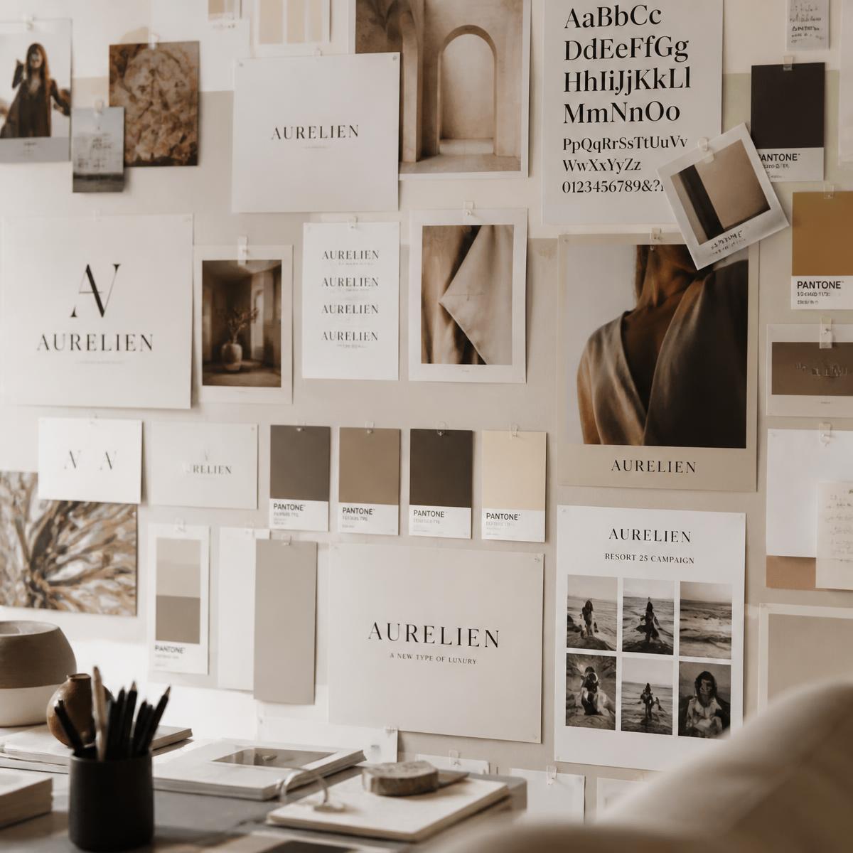Imagen de referencia: moodboard de identidad de marca con tipografías y paleta de color