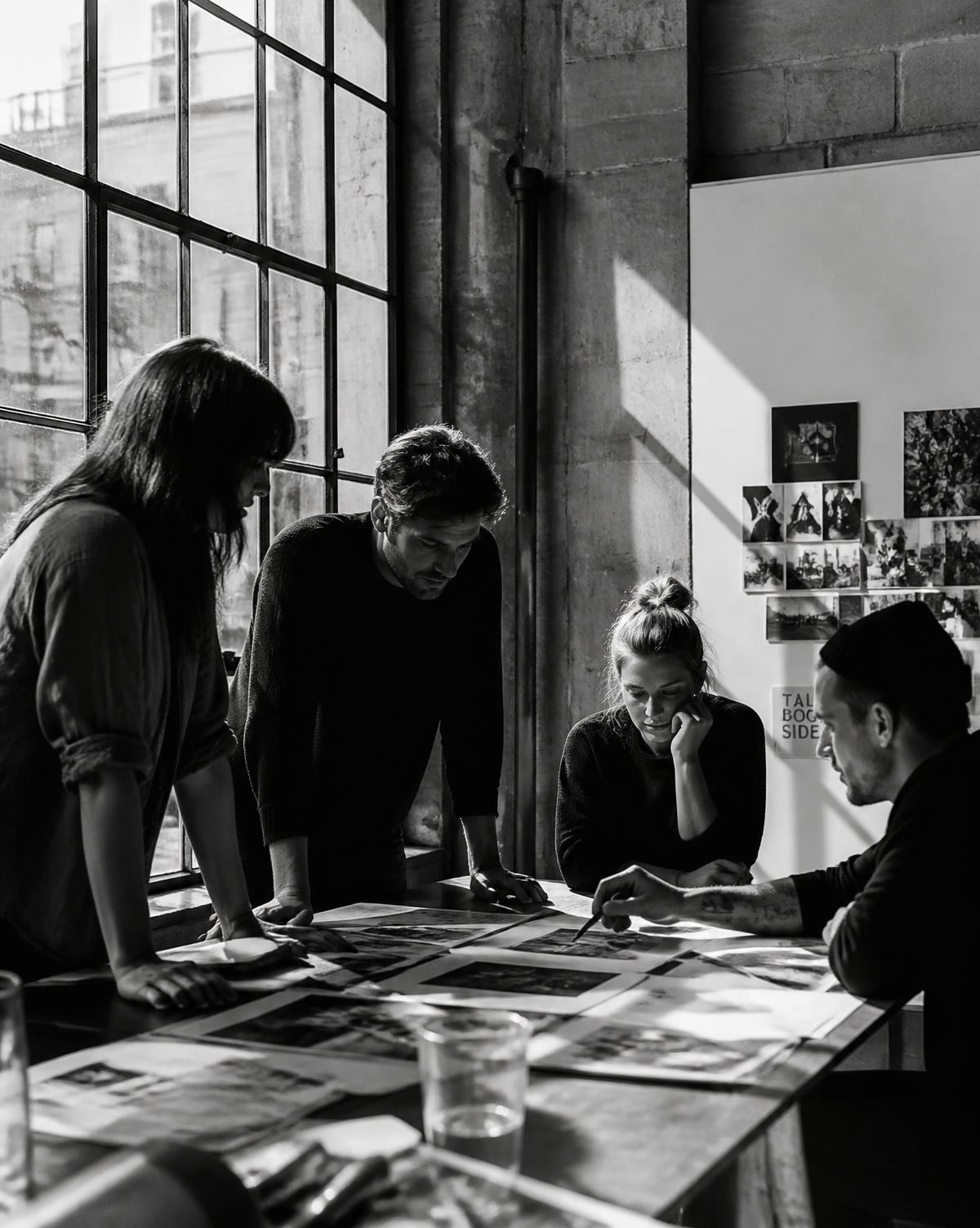 Equipo creativo de VÖLA Studio revisando material de una campaña